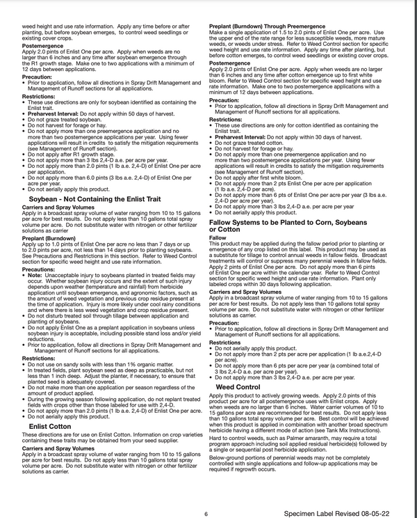 Enlist One 2, 4-D contact herbicide for marestail and waterhemp in Enlist soybeans