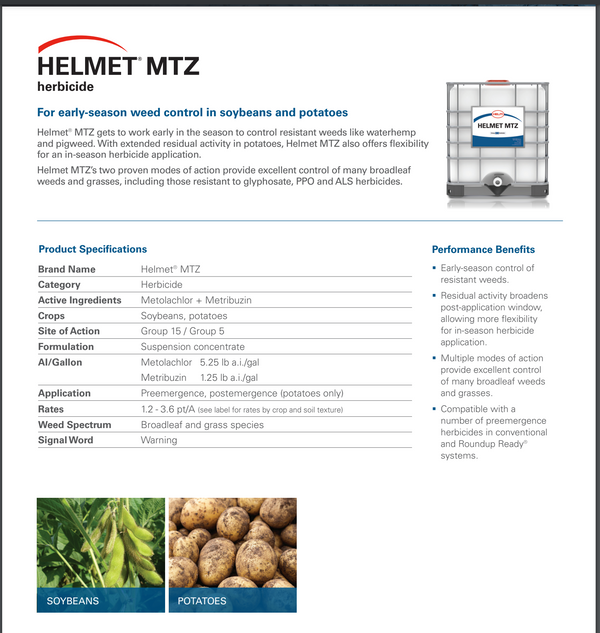 Helmet MTZ Residual Herbicide - Soybeans