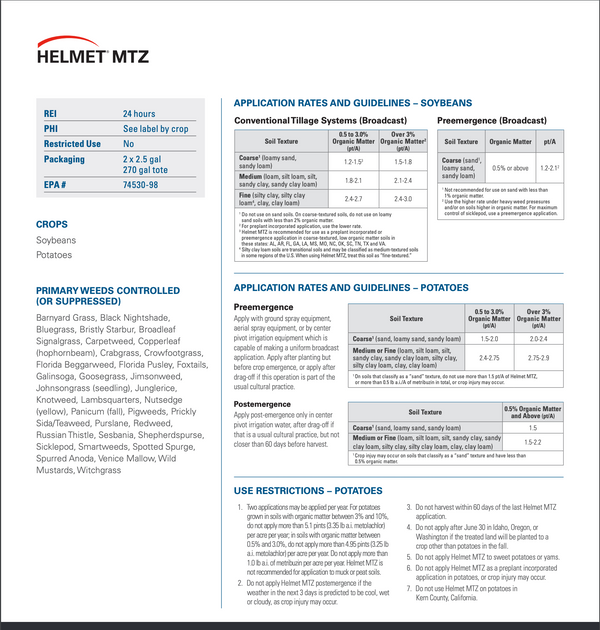 Helmet MTZ Residual Herbicide - Soybeans